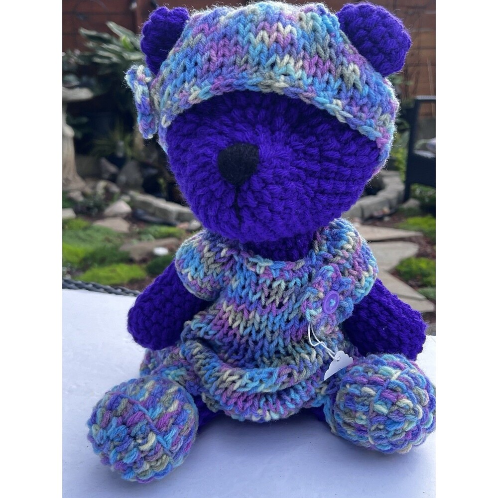 18' Handmade Crochet Teddy Bear Plush Purple Bear Removable Dress & Hat